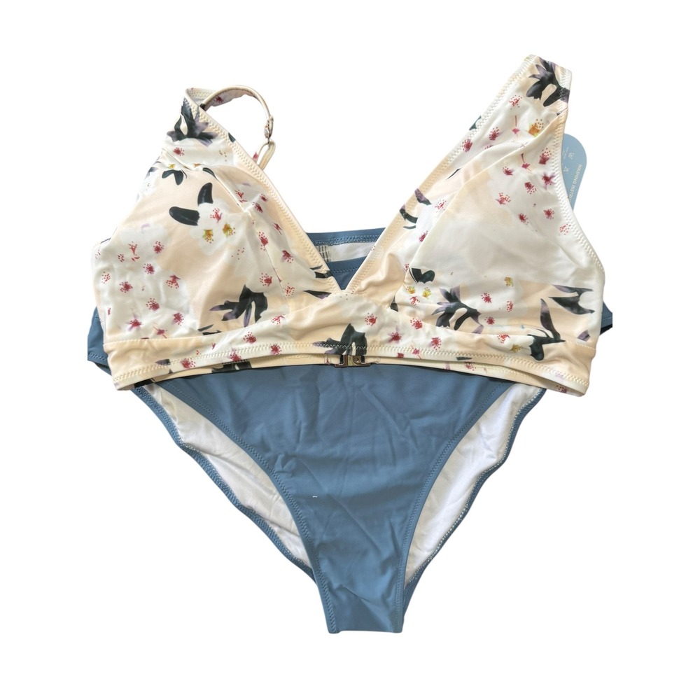 Floral Bikini Swimsuit Adjustable Strap Beige Blue Size XL Women's